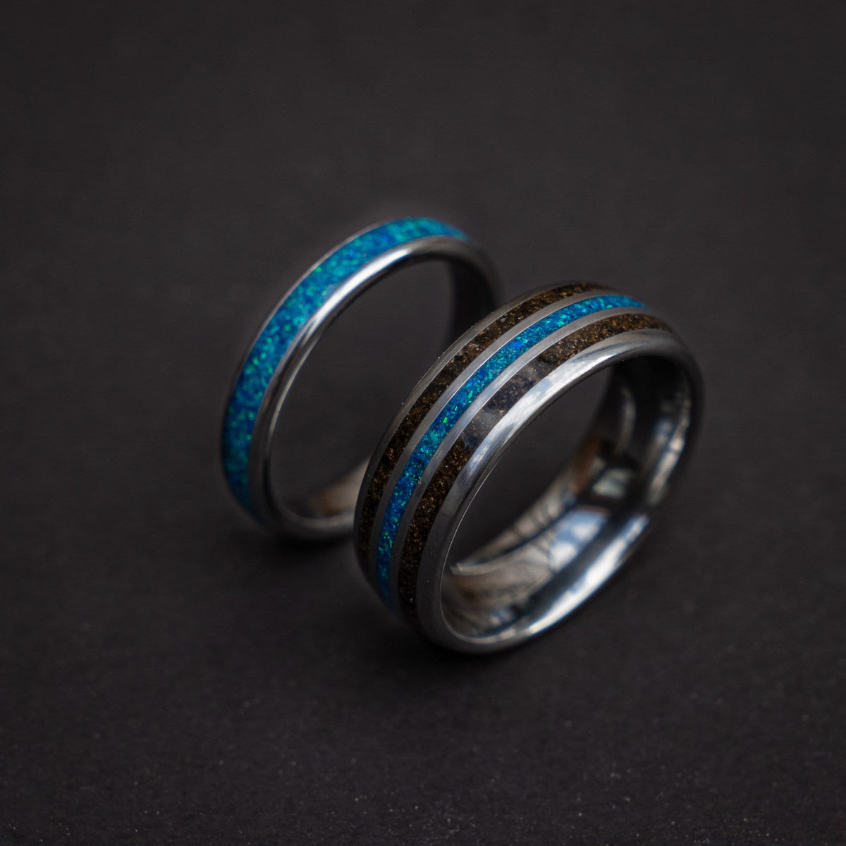 dinosaur bone ring , meteorite ring, wedding ring set for woman and men, couples ring, trex ring, blue opal ring, decazi - Decazi