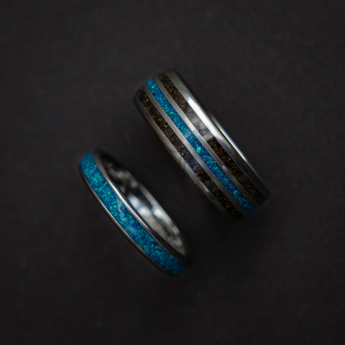 dinosaur bone ring , meteorite ring, wedding ring set for woman and men, couples ring, trex ring, blue opal ring, decazi - Decazi