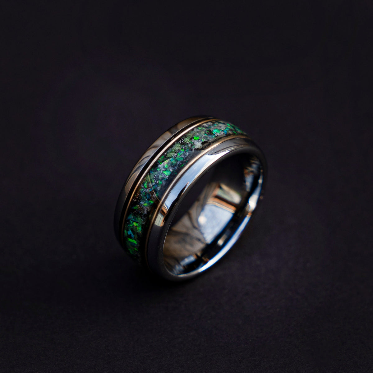 10mm domed green opal glowring, mens wedding band, mens ring, meteorite ring, mens wedding ring, mens engagement ring, meteorite ring men,
