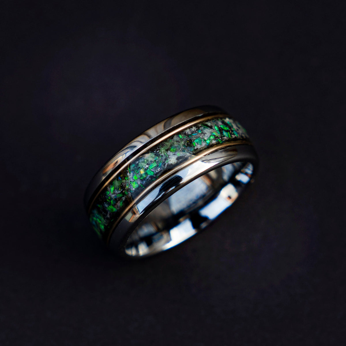 10mm domed green opal glowring, mens wedding band, mens ring, meteorite ring, mens wedding ring, mens engagement ring, meteorite ring men,