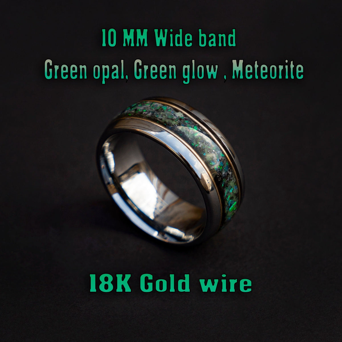 10mm domed green opal glowring, mens wedding band, mens ring, meteorite ring, mens wedding ring, mens engagement ring, meteorite ring men,