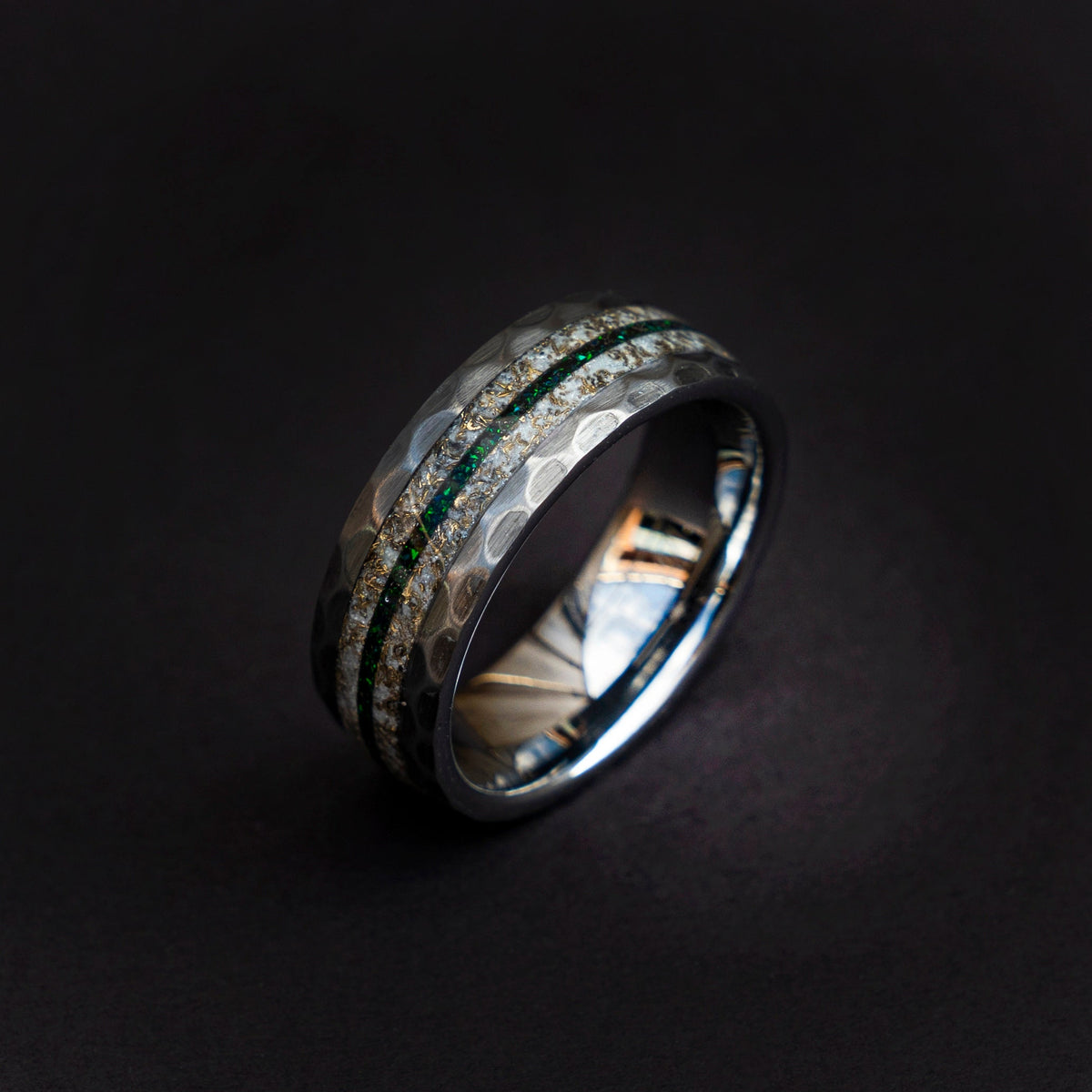 faceted ring, glow in the dark ring, hammered ring, faceted wedding band, everyday ring, textured ring, mens wedding band, gold shavings. - Decazi