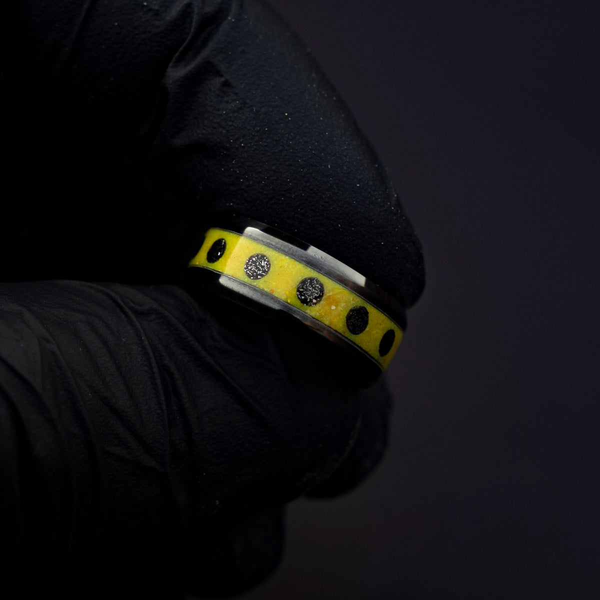 Black ceramic ring, glow in the dark ring, yellow ring, mens wedding band, male engagement ring, mens ring | Decazi