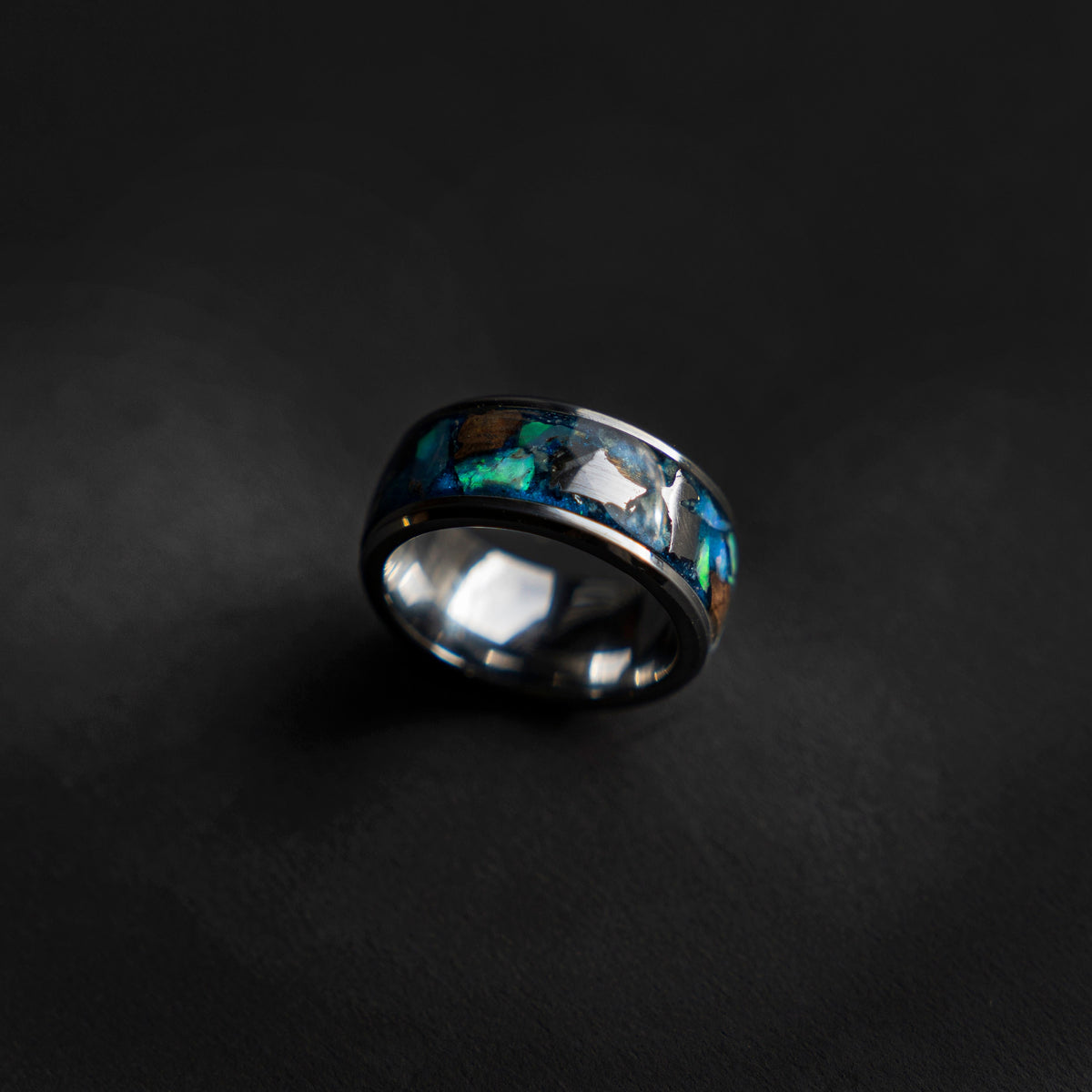 Campo del cielo meteorite with Dinosaur bone and Ethiopian opal, Mens wedding band, opal engagement ring, glow in the dark ring, glowstone.
