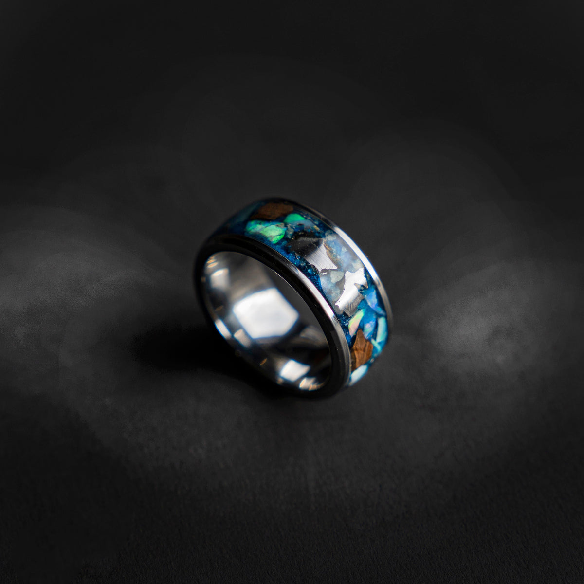 Campo del cielo meteorite with Dinosaur bone and Ethiopian opal, Mens wedding band, opal engagement ring, glow in the dark ring, glowstone.