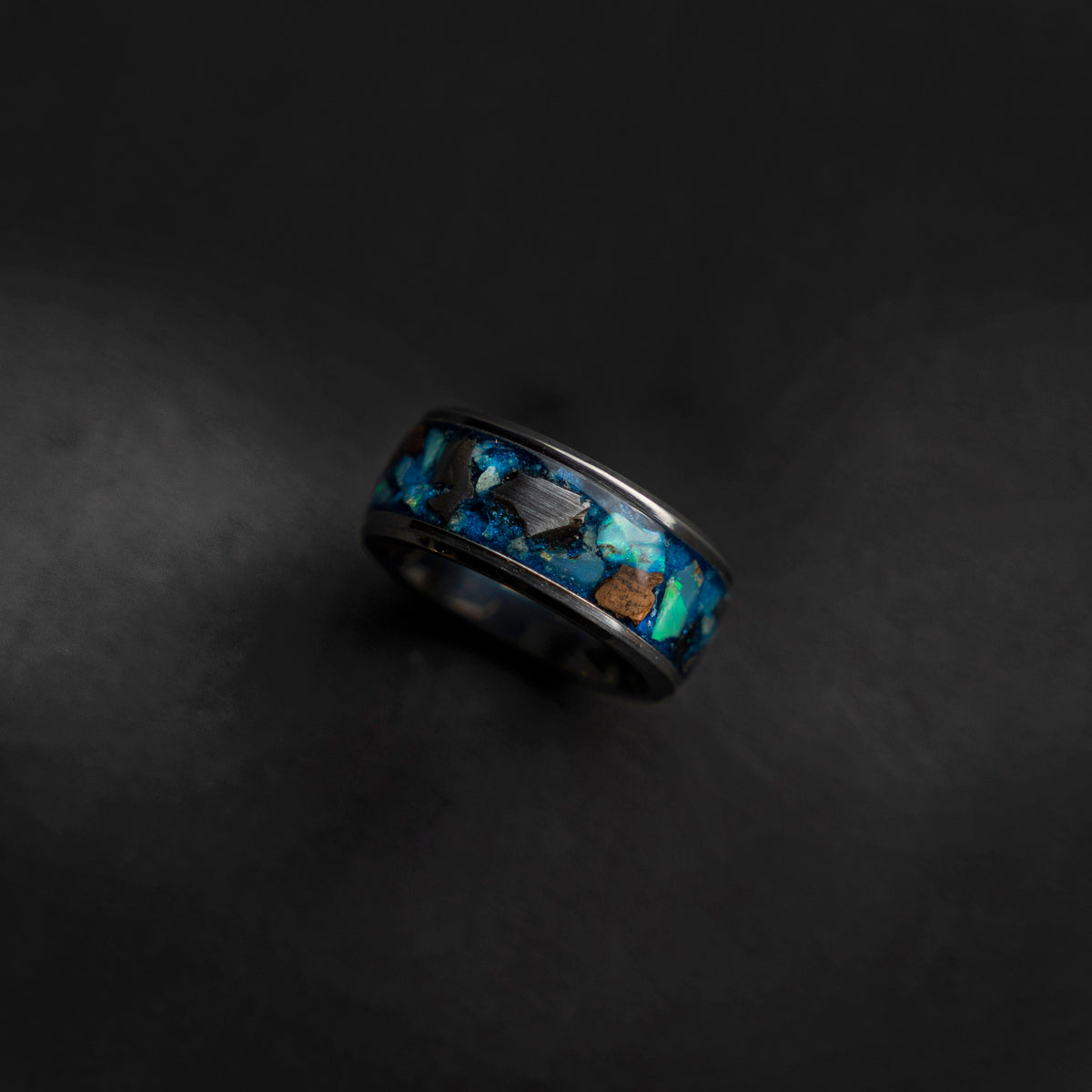Campo del cielo meteorite with Dinosaur bone and Ethiopian opal, Mens wedding band, opal engagement ring, glow in the dark ring, glowstone.