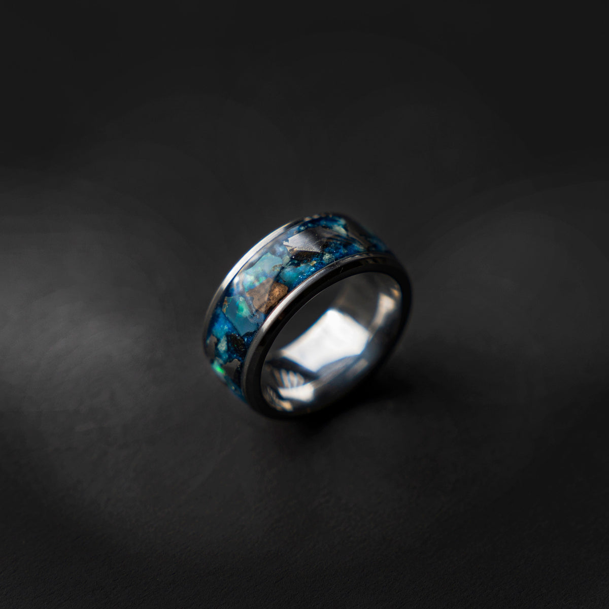 Campo del cielo meteorite with Dinosaur bone and Ethiopian opal, Mens wedding band, opal engagement ring, glow in the dark ring, glowstone.