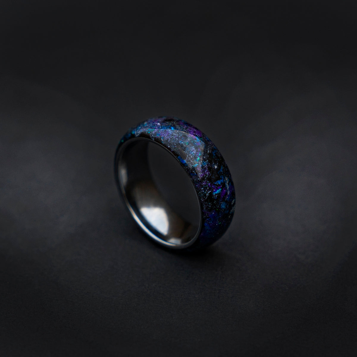 The Ultimate Galaxy opal space nebula ring with glow in the dark pigments, handmade wedding band, meteorite ring, mens wedding band | Decazi - Decazi