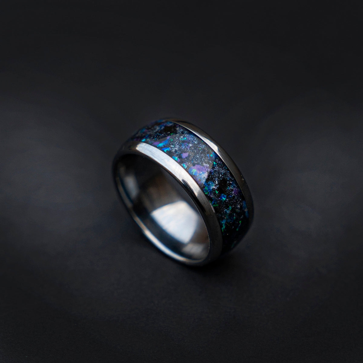 10mm Domed galaxy Nebula with opal and glow in the dark, handmade wedding band, Mens wedding band, opal engagement ring, Chunky ring Decazi - Decazi