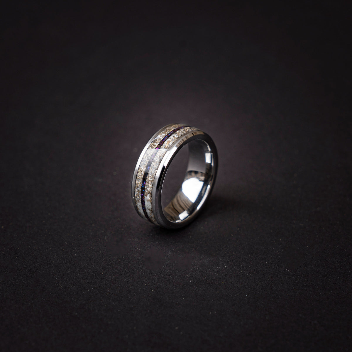 Glow in the Dark Ring with purple chameleon, Tungsten Ring, Galaxy Opal, handmade wedding band, glow ring, Meteorite Wedding Ring - Decazi
