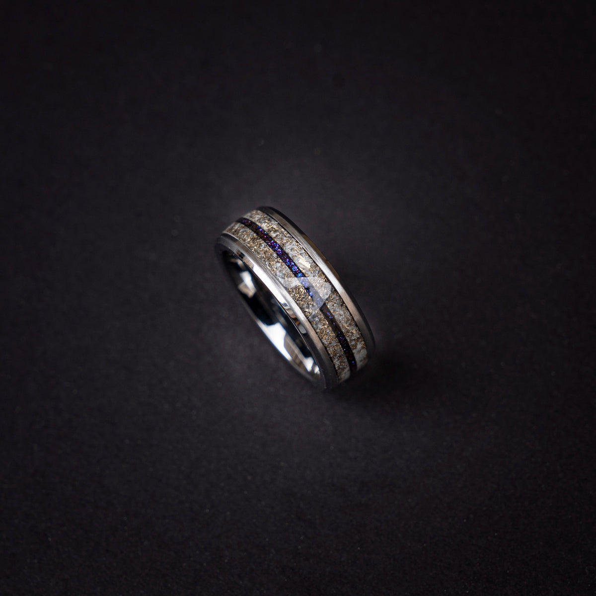 Glow in the Dark Ring with purple chameleon, Tungsten Ring, Galaxy Opal, handmade wedding band, glow ring, Meteorite Wedding Ring - Decazi