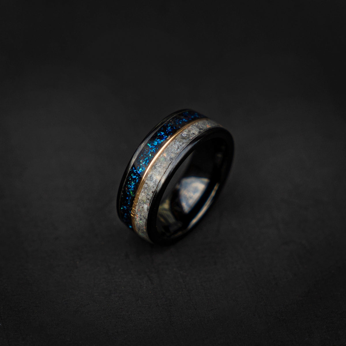 Galaxy opal ring with moonstone and 18K goldwire, Moonstone Tungsten Ring, moon ring, Rainbow moonstone, Men's Wedding Band, cool mens ring. - Decazi