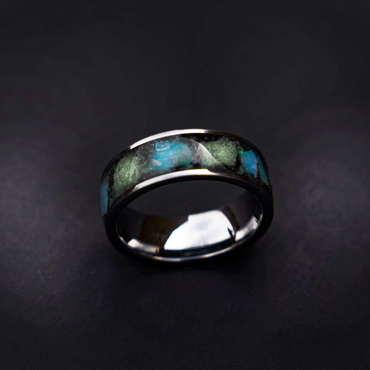 Genuine ethiopian opal ring with glowstones, meteorite, handmade wedding band, mens engagement ring, mens ring, mens wedding band | Decazi - Decazi