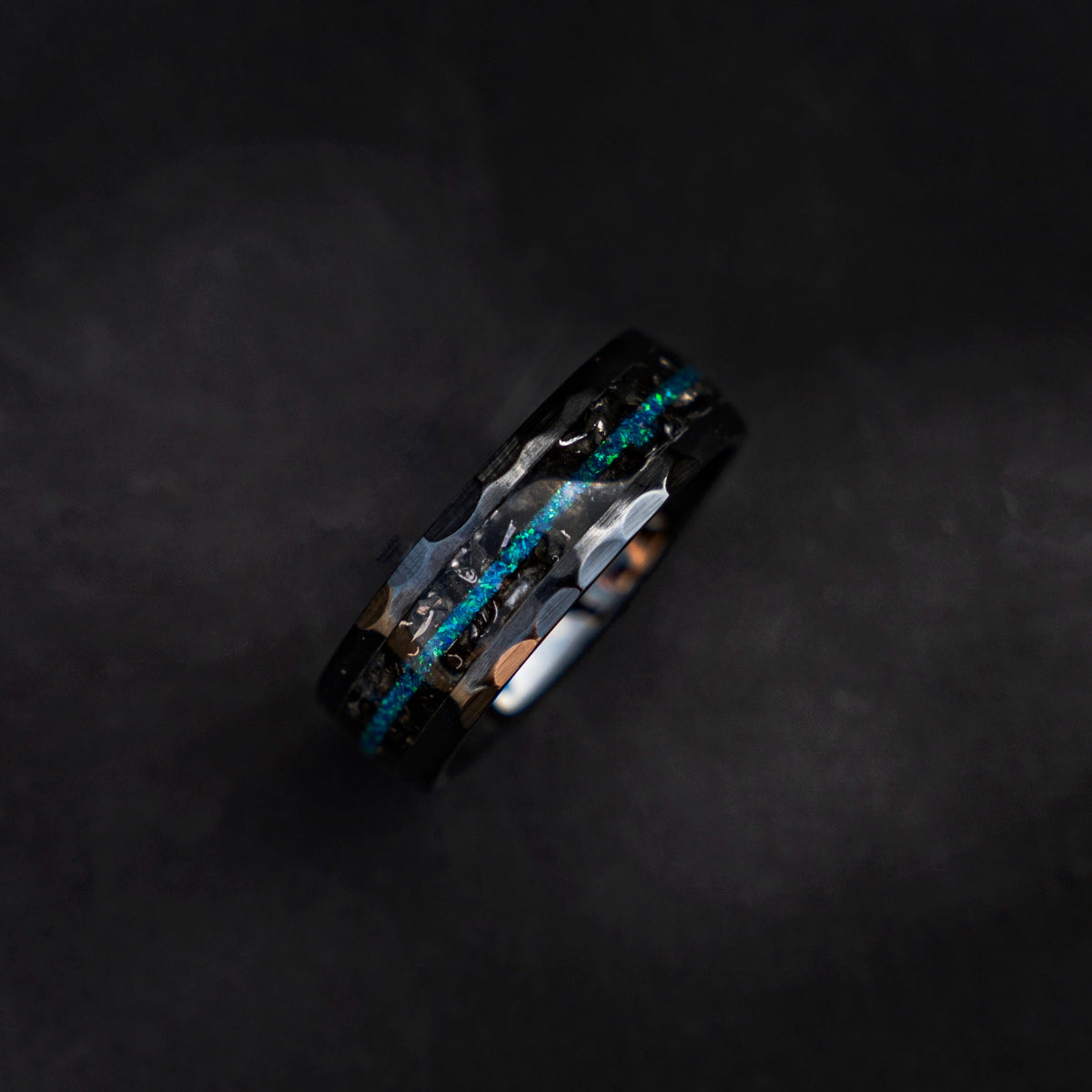 Black faceted mens wedding band with meteorite and opal, meteorite ring, mens ring, handmade wedding band, mens engagement ring | Decazi