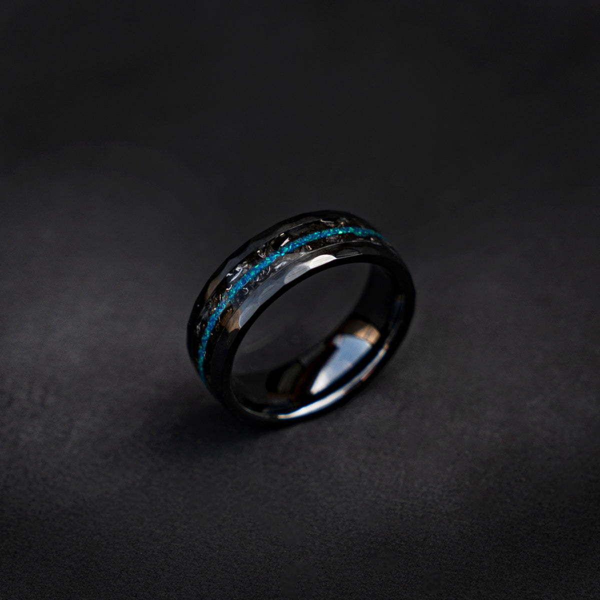 Black faceted mens wedding band with meteorite and opal, meteorite ring, mens ring, handmade wedding band, mens engagement ring | Decazi