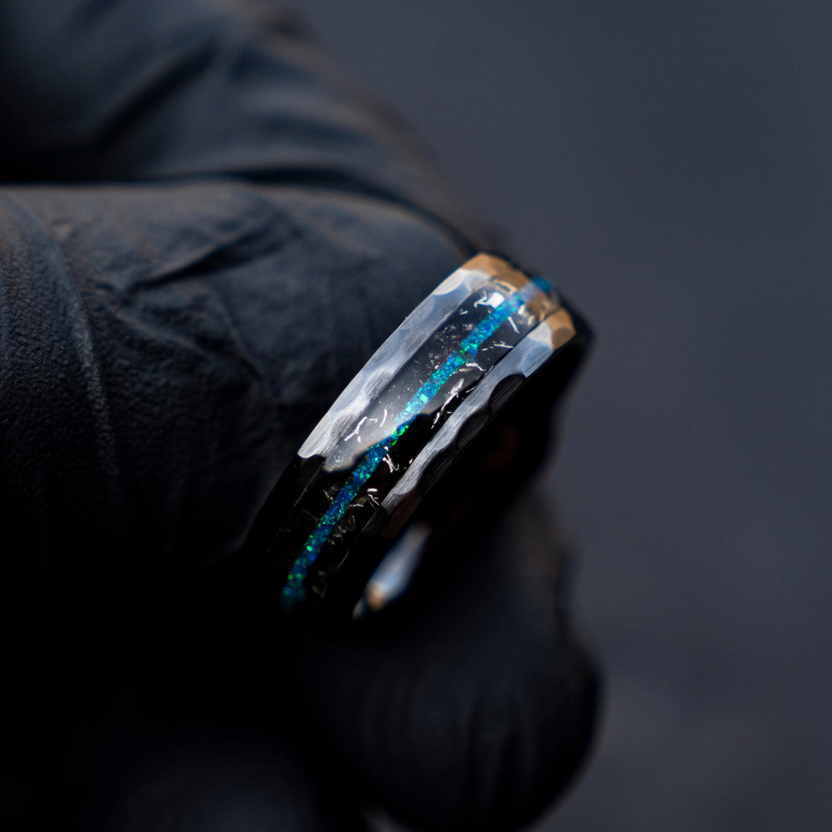 Black faceted mens wedding band with meteorite and opal, meteorite ring, mens ring, handmade wedding band, mens engagement ring | Decazi