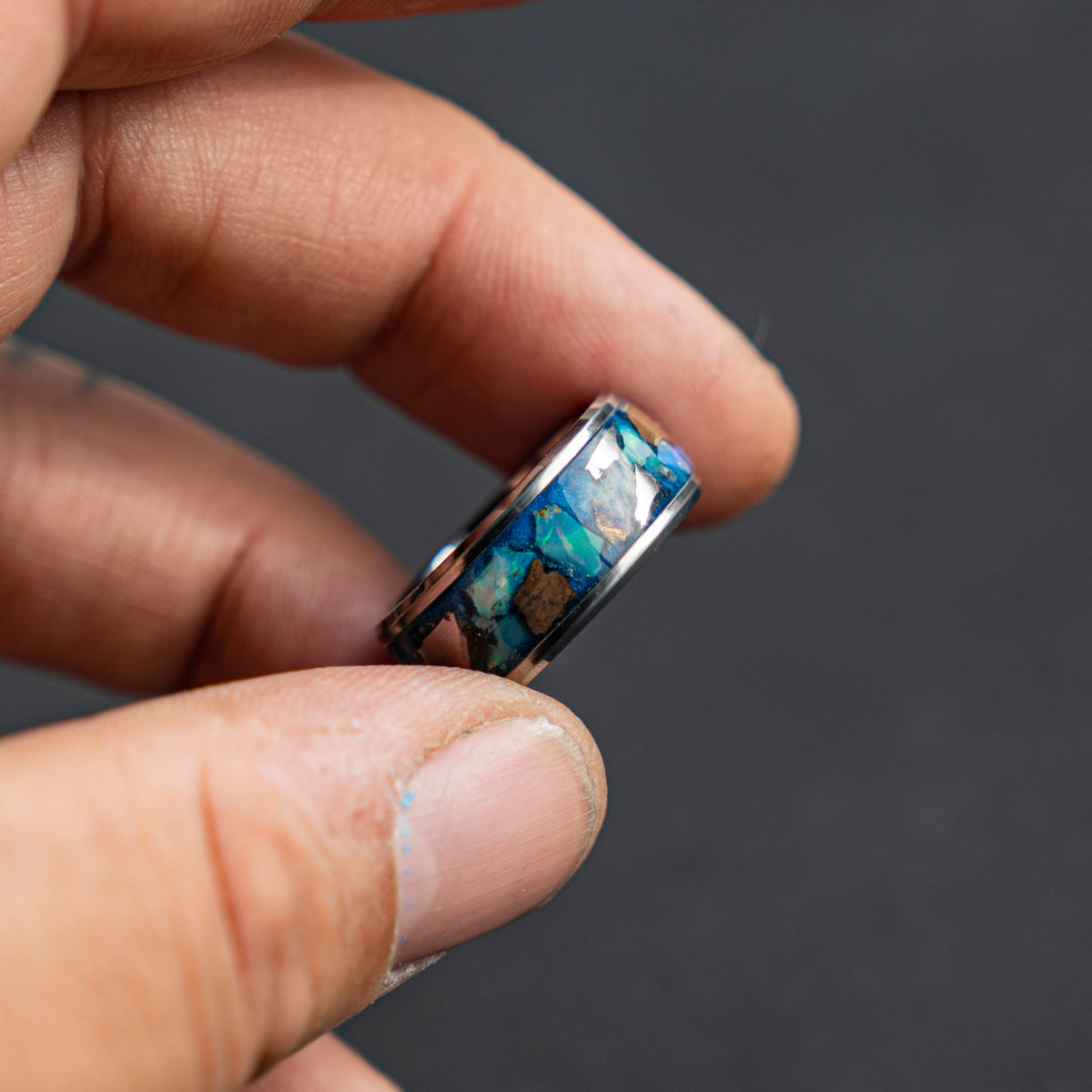 Campo del cielo meteorite with Dinosaur bone and Ethiopian opal, Mens wedding band, opal engagement ring, glow in the dark ring, glowstone.