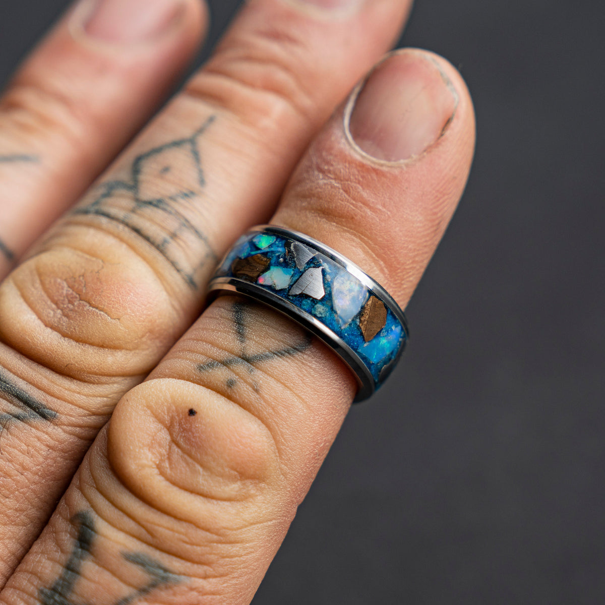 Campo del cielo meteorite with Dinosaur bone and Ethiopian opal, Mens wedding band, opal engagement ring, glow in the dark ring, glowstone.