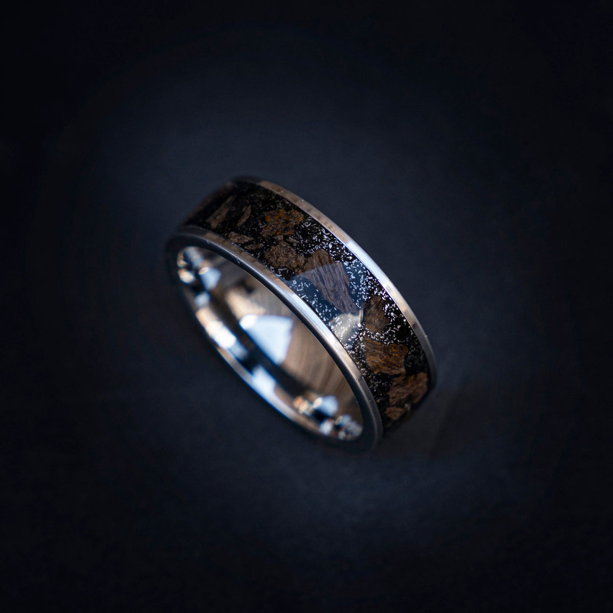 Triceratops meteorite ring, dinosaur bone, mens ring, Triceratops fossil, meteorite ring men, mens wedding band, unique mens ring - Decazi