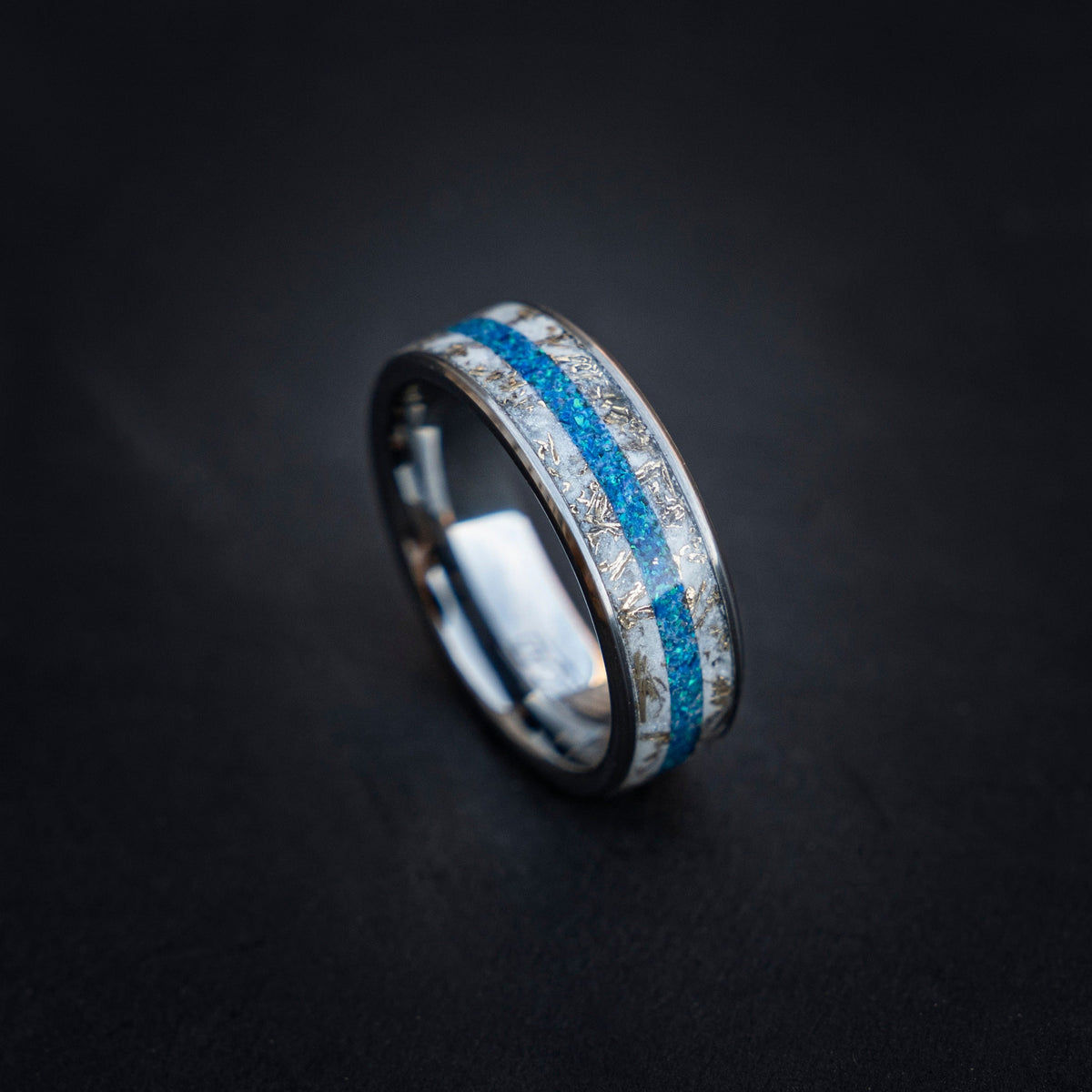 Glow in the Dark Gold Flake Mokume Gane Band Ring, Men's Tungsten Ring, Meteorite Opal Wedding Ring, Glow ring, Gift for Him - Decazi