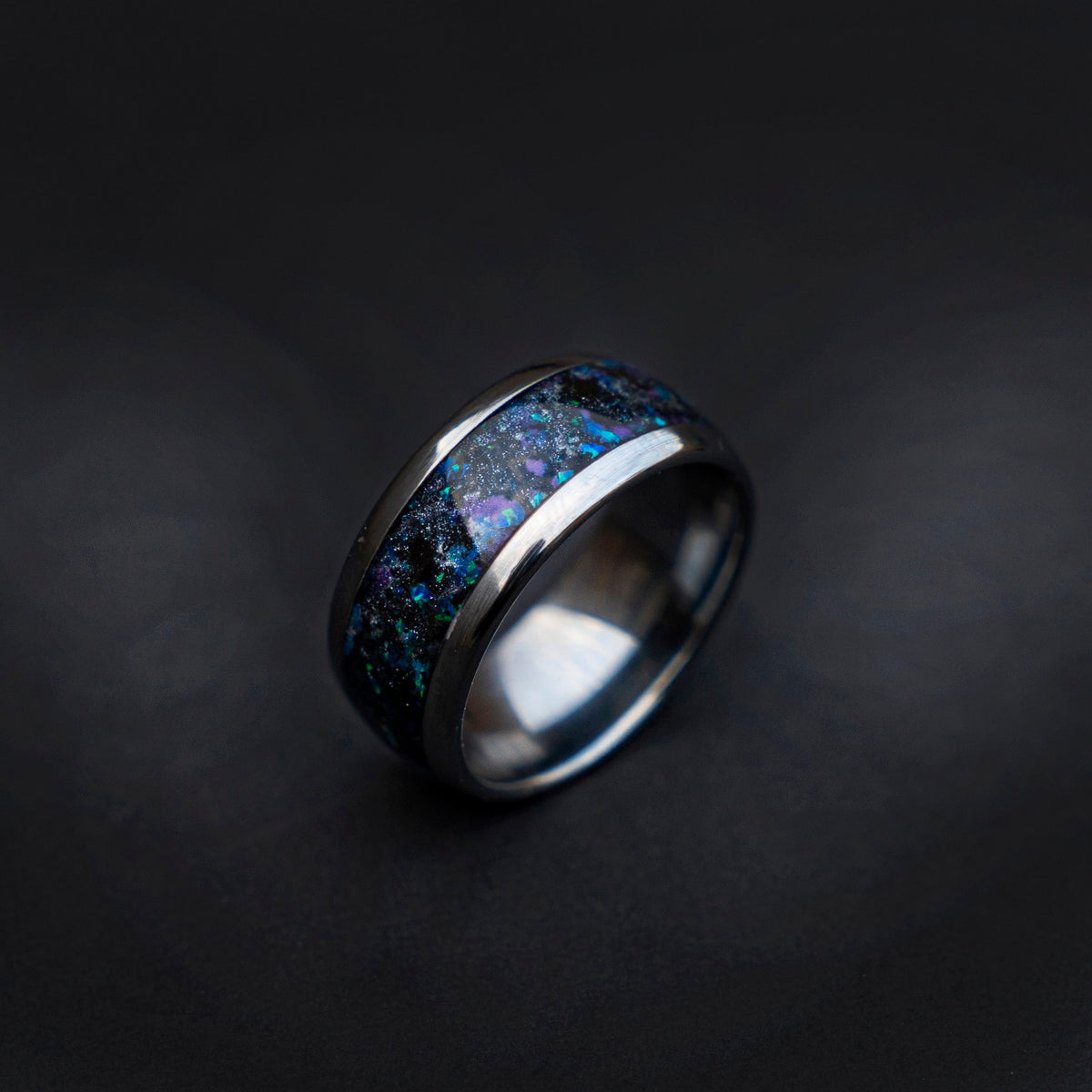 10mm Domed galaxy Nebula with opal and glow in the dark, handmade wedding band, Mens wedding band, opal engagement ring, Chunky ring Decazi - Decazi