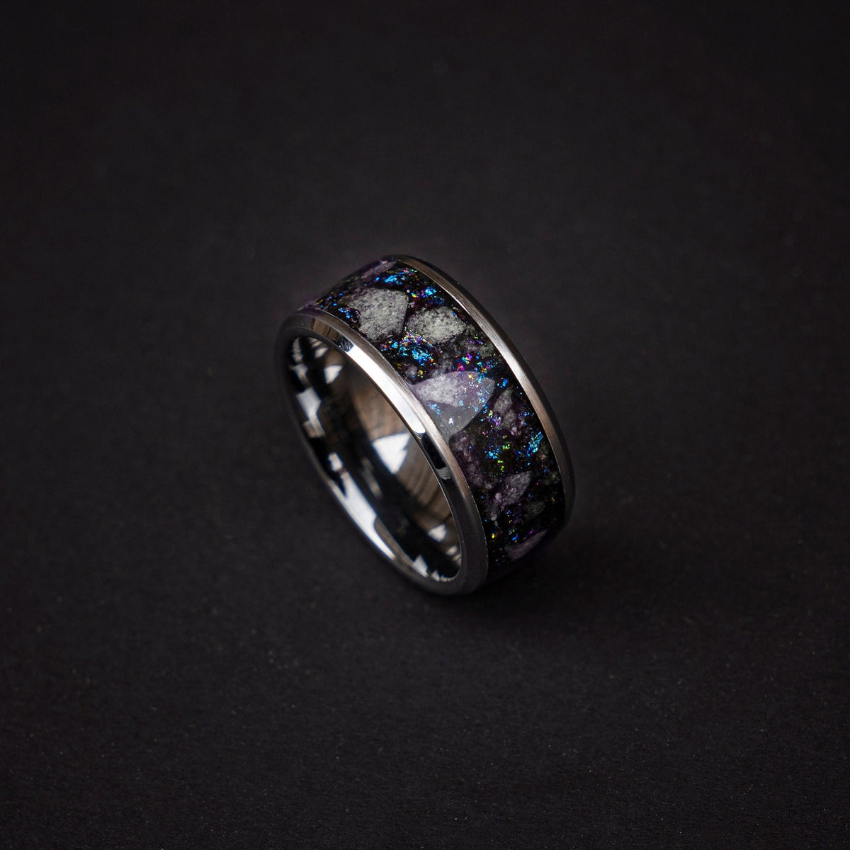 Green Glowstone Ring, Unique Wedding Band, Glow in the dark, Chunky Wide Resin Ring, Galaxy ring, Mens Wedding Band, Unique Engagement Ring - Decazi