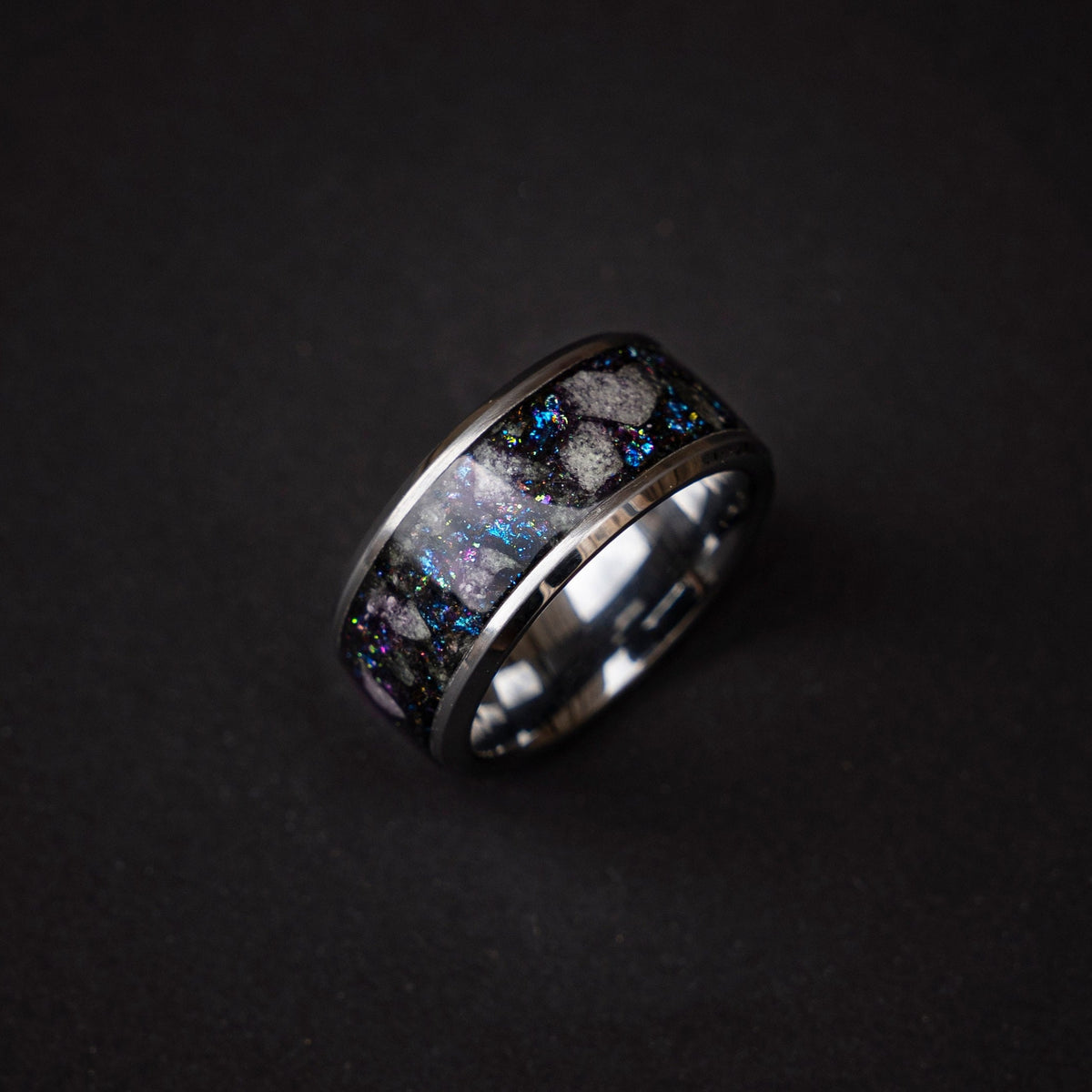 Green Glowstone Ring, Unique Wedding Band, Glow in the dark, Chunky Wide Resin Ring, Galaxy ring, Mens Wedding Band, Unique Engagement Ring - Decazi