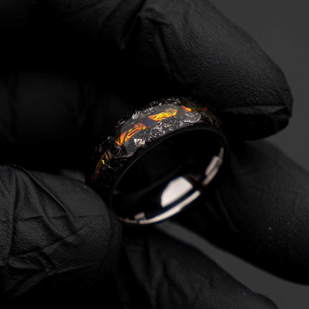 Muonionalusta meteorite shavings tungsten ring with Dichrolam galaxy inlay, mens wedding band, meteorite ring, meteorite wedding band Decazi