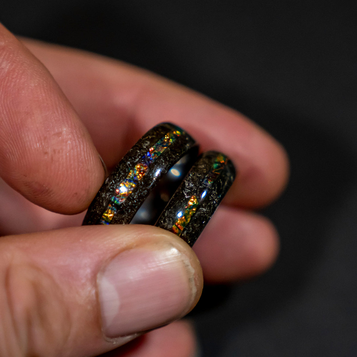 Couples rings with Muonionalusta meteorite shavings tungsten ring with Dichrolam galaxy inlay, mens wedding band, meteorite ring.