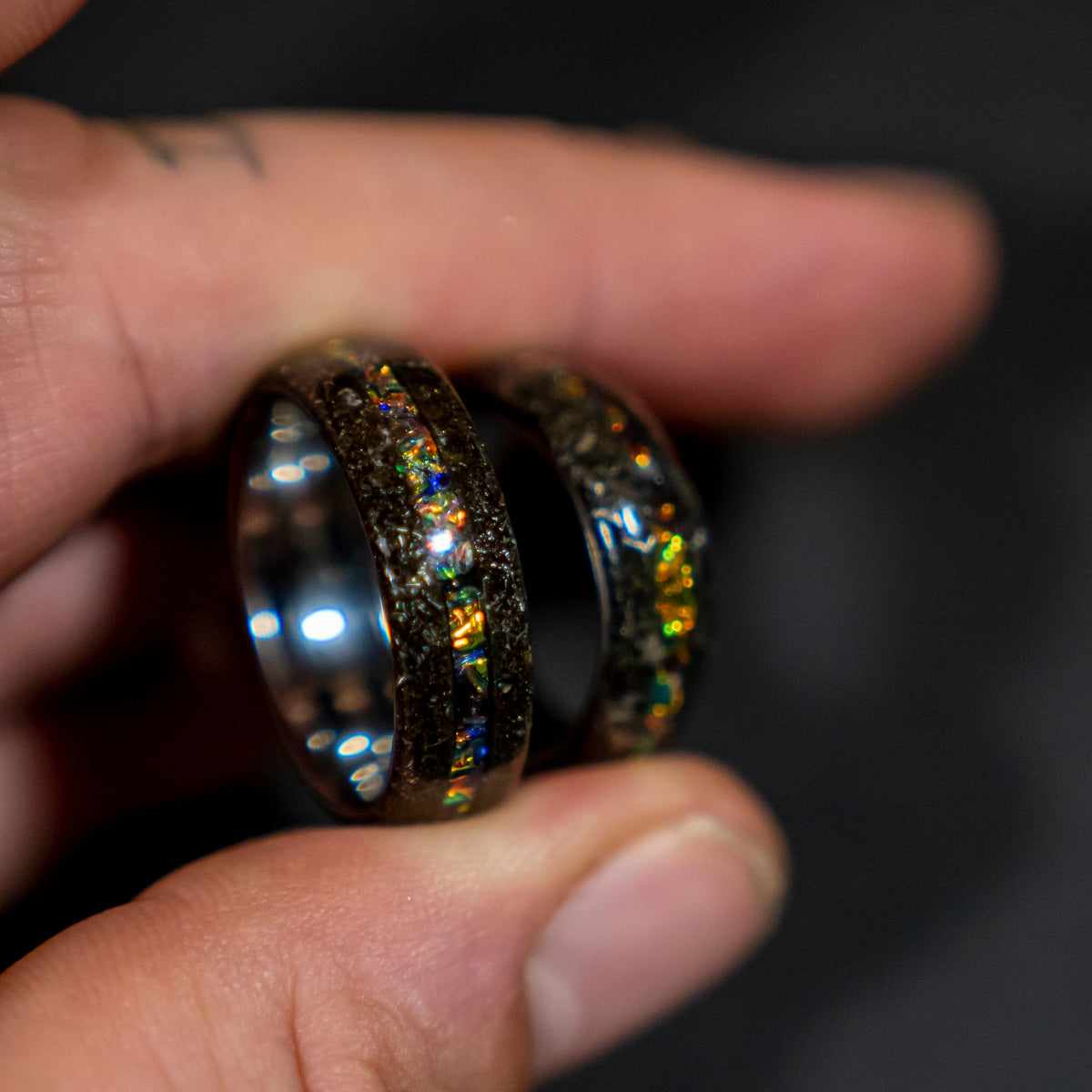 Couples rings with Muonionalusta meteorite shavings tungsten ring with Dichrolam galaxy inlay, mens wedding band, meteorite ring.