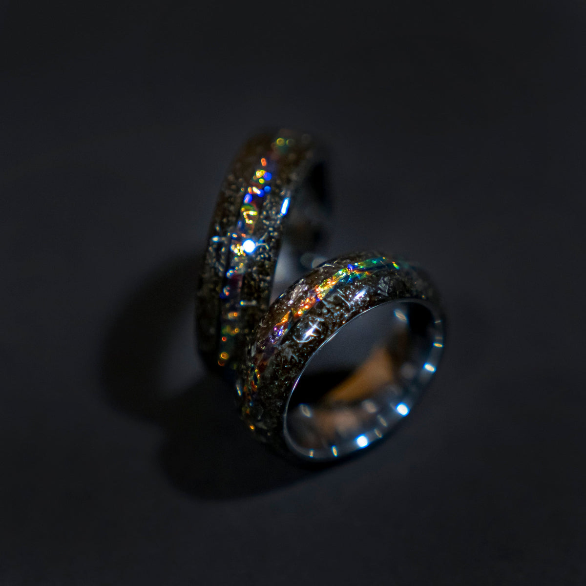 Couples rings with Muonionalusta meteorite shavings tungsten ring with Dichrolam galaxy inlay, mens wedding band, meteorite ring.