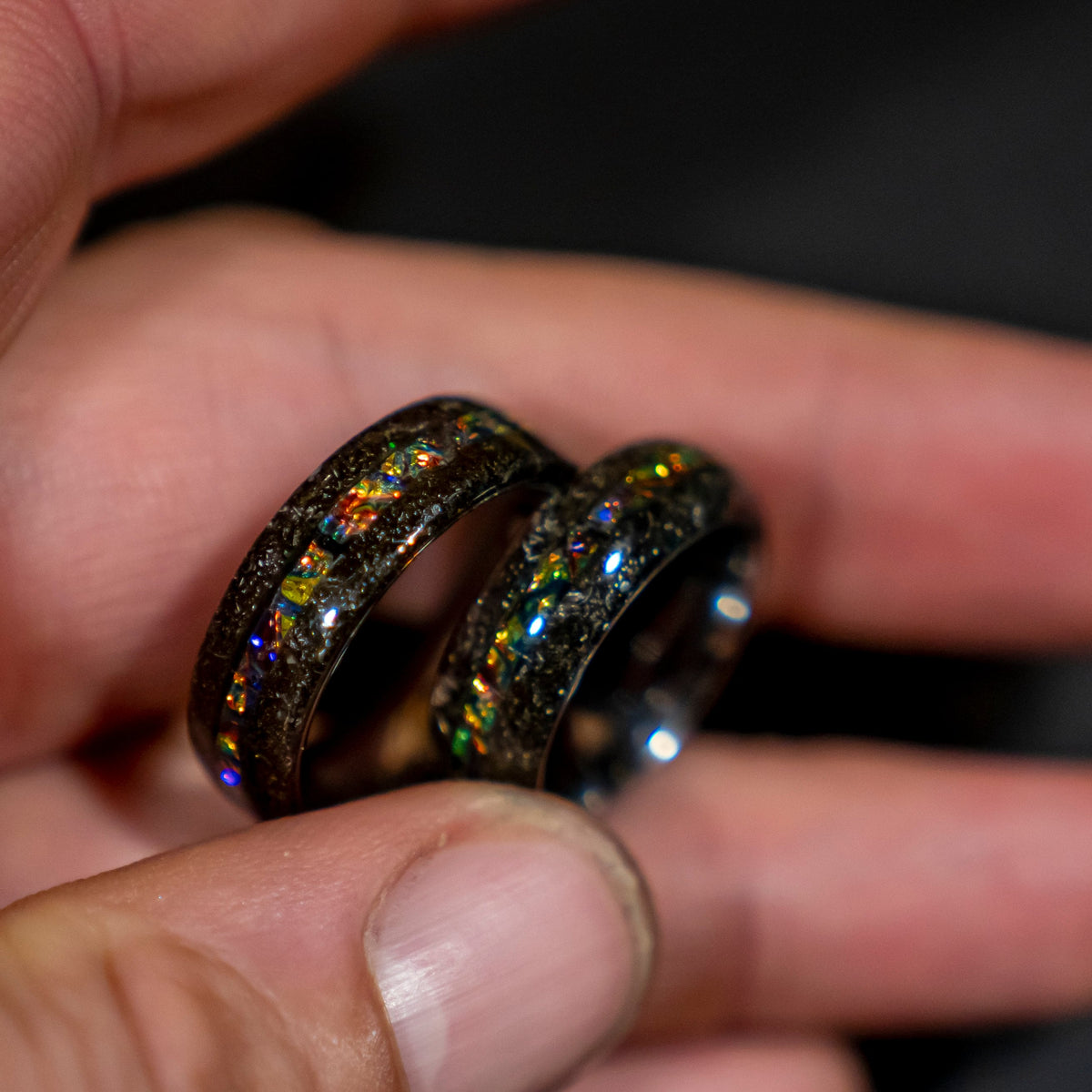 Couples rings with Muonionalusta meteorite shavings tungsten ring with Dichrolam galaxy inlay, mens wedding band, meteorite ring.