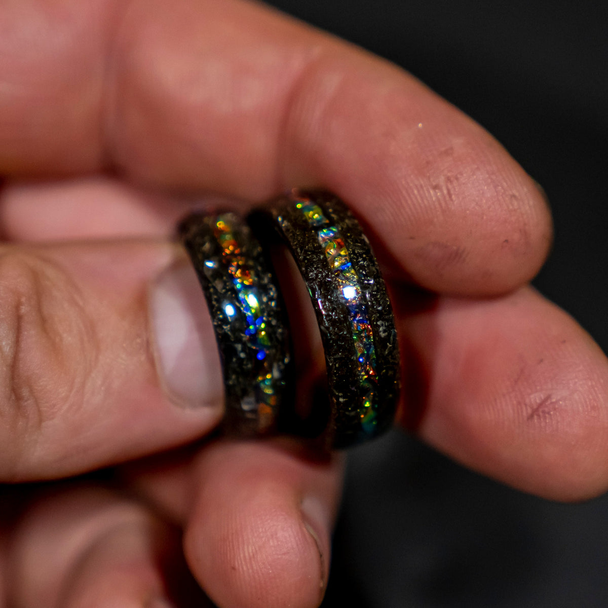 Couples rings with Muonionalusta meteorite shavings tungsten ring with Dichrolam galaxy inlay, mens wedding band, meteorite ring.