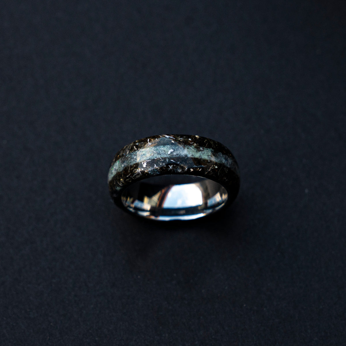 meteorite shavings tungsten ring with Rainbow moonstone, moonstone ring, mens wedding band, meteorite ring, meteorite wedding band | Decazi