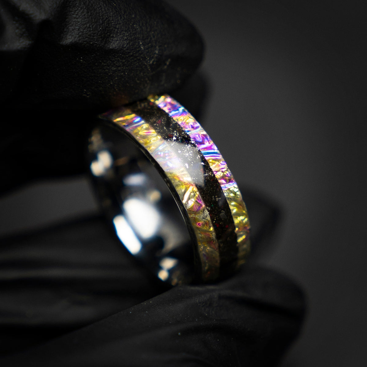 Dichrolam galaxy tungsten ring with Muonionalusta meteorite dust, mens wedding band, meteorite ring, meteorite wedding band, Decazi