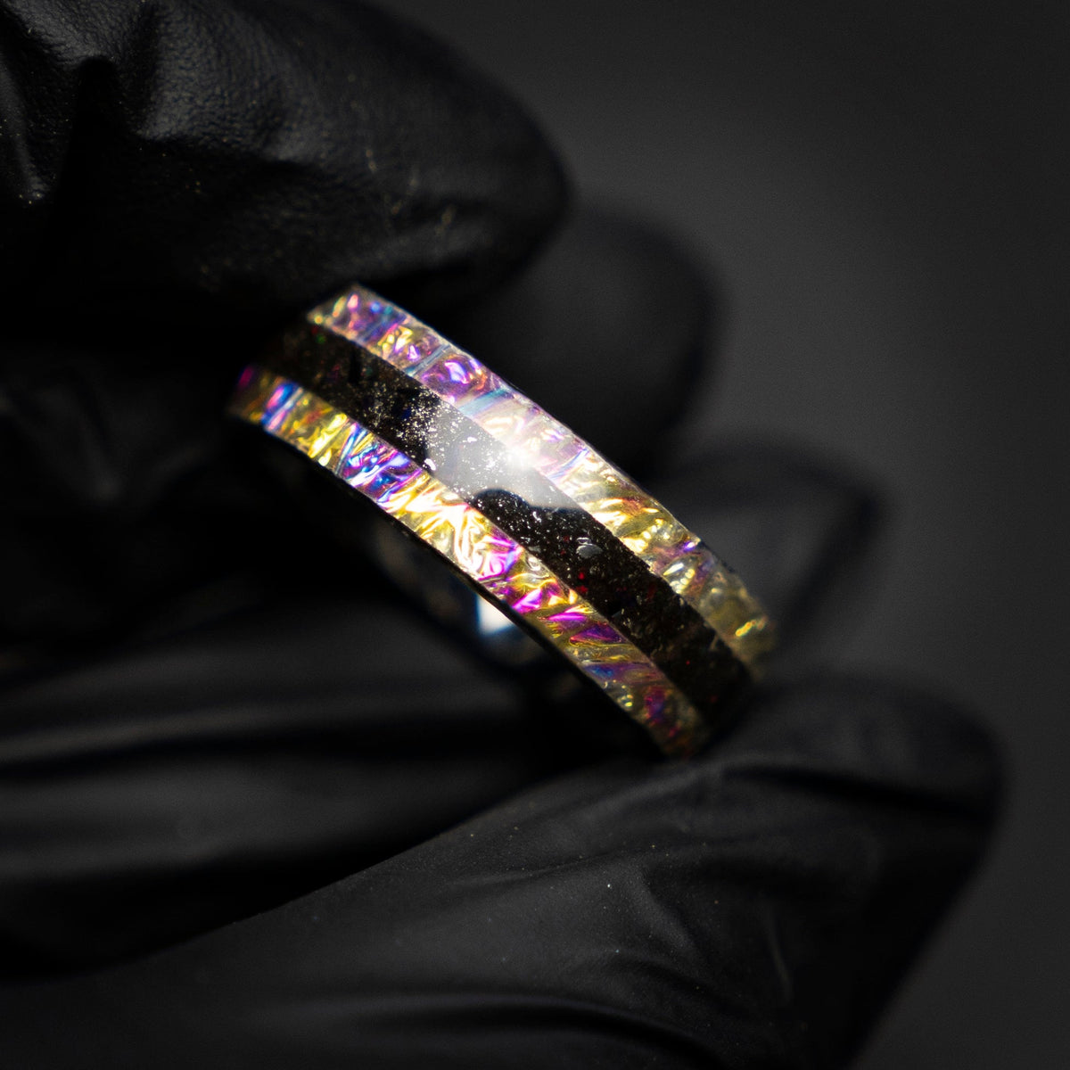 Dichrolam galaxy tungsten ring with Muonionalusta meteorite dust, mens wedding band, meteorite ring, meteorite wedding band, Decazi