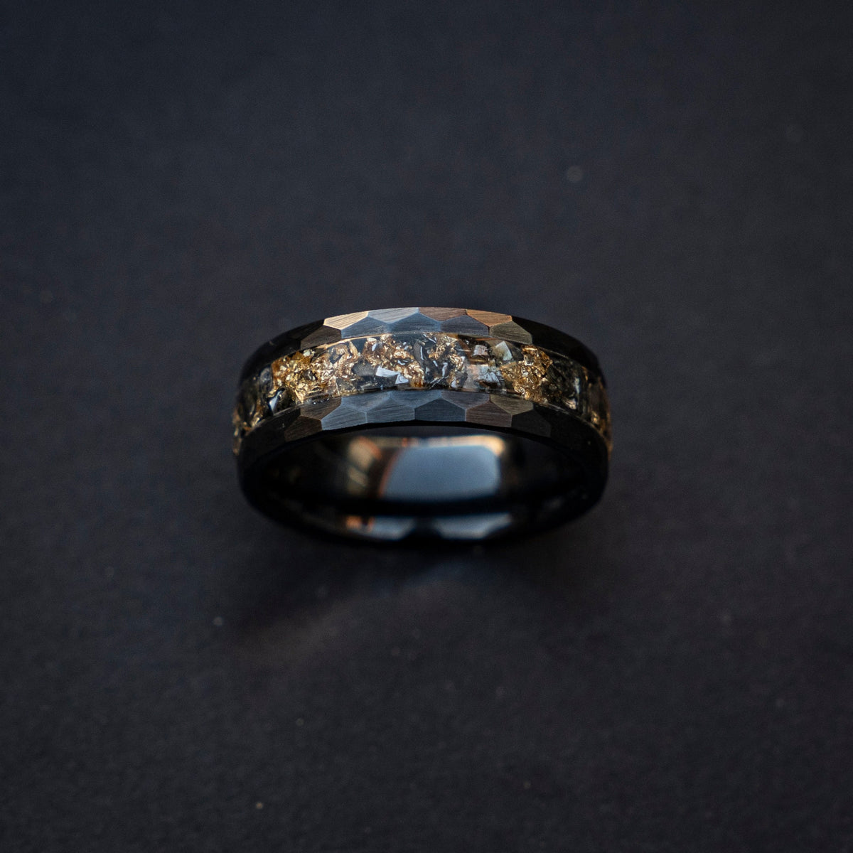 Hammered Meteorite ring Gold Leaf ring, Black Hammered wedding Ring, Hammered Brushed Ceramic Band, Mens Ring, gold meteorite ring, Decazi