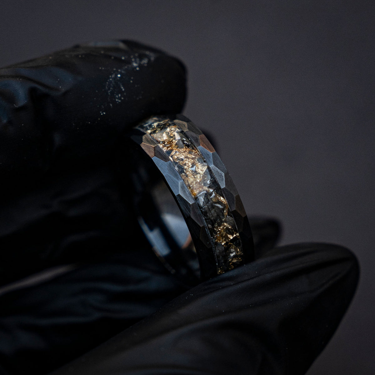 Hammered Meteorite ring Gold Leaf ring, Black Hammered wedding Ring, Hammered Brushed Ceramic Band, Mens Ring, gold meteorite ring, Decazi