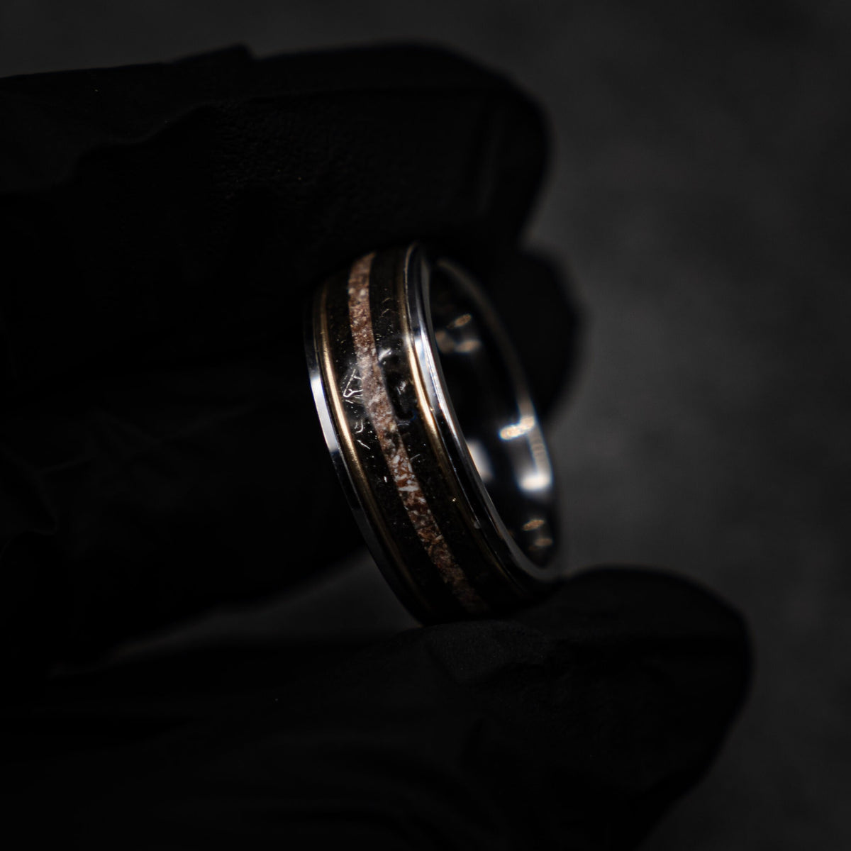 Megalodon Dinosaur bone ring, handmade jewelry, meteorite rings, dinosaur meteorite ring, tungsten wedding band, mens wedding band | Decazi