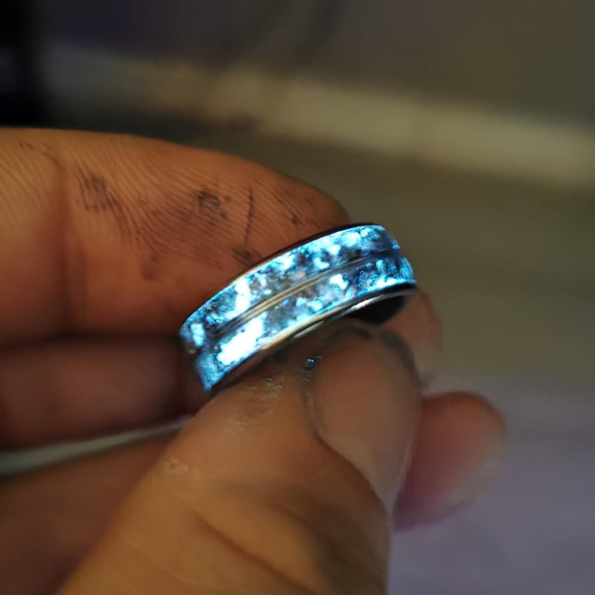 Meteorite and White Opal Tungsten Ring