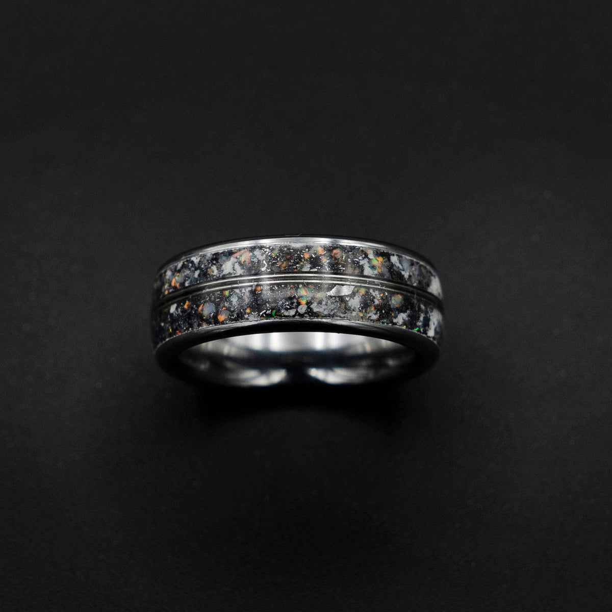 Meteorite and White Opal Tungsten Ring