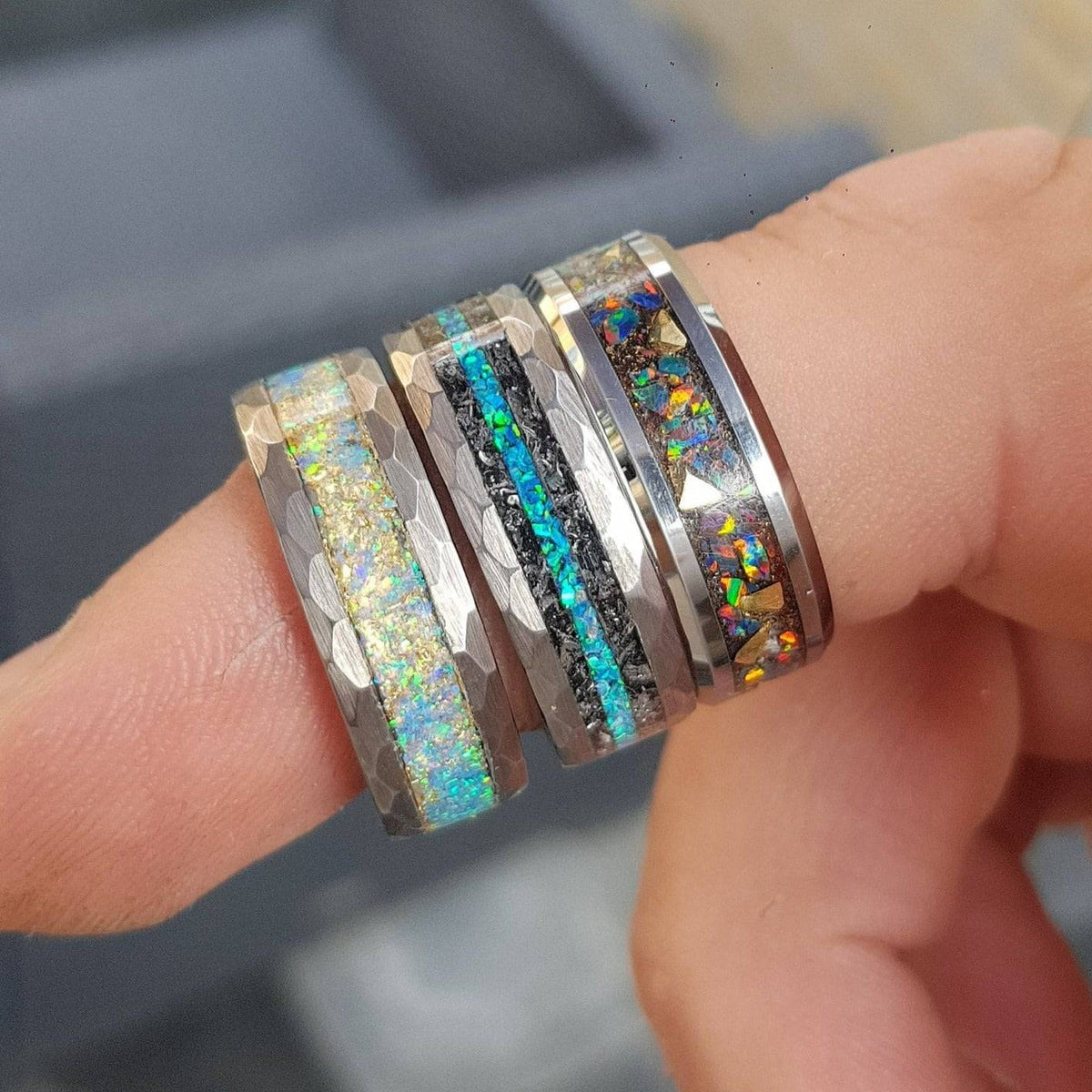 Meteorite & Peacock Green Opal Inlay Tungsten Ring