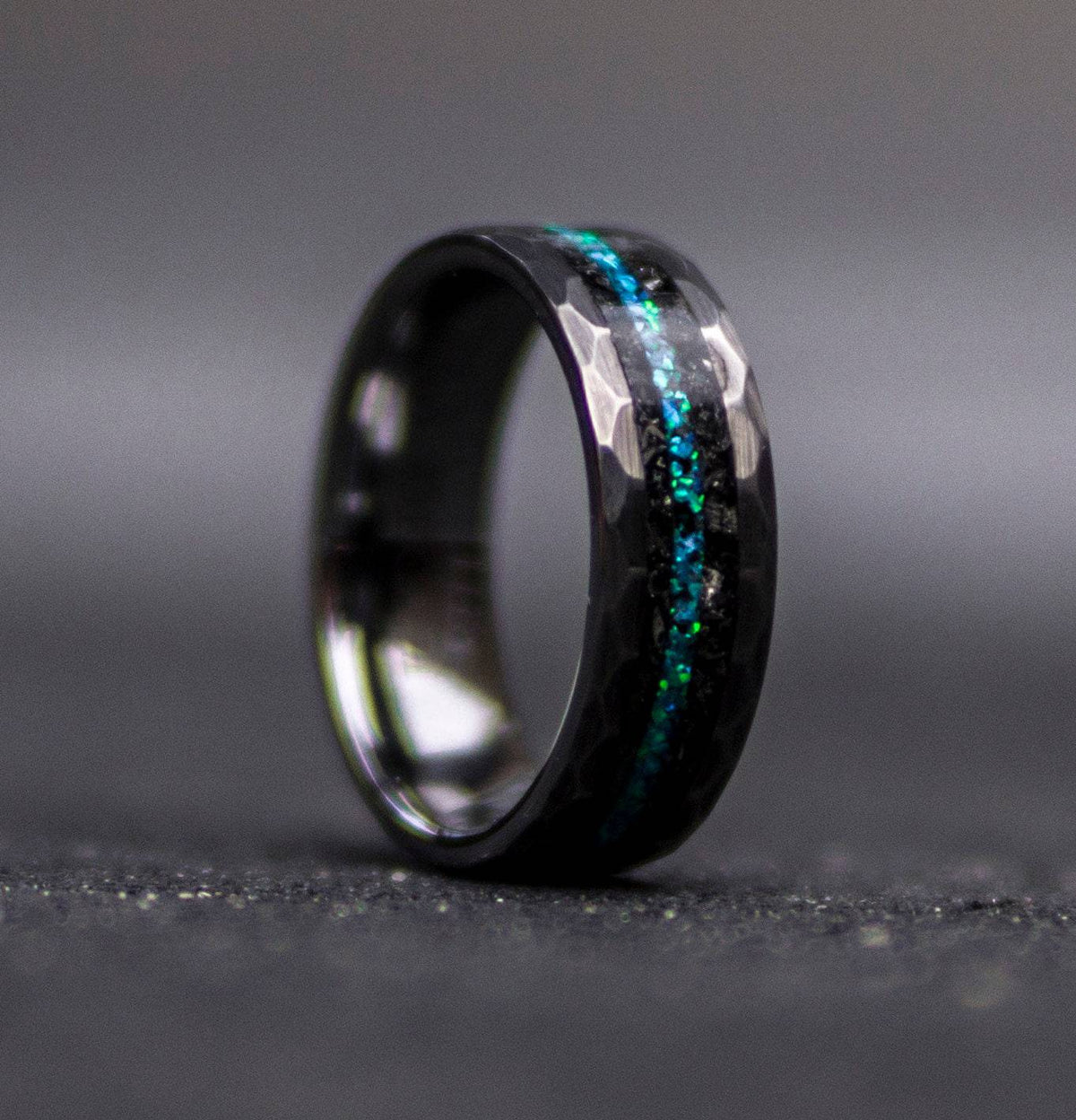 Meteorite & Peacock Green Opal Inlay Tungsten Ring
