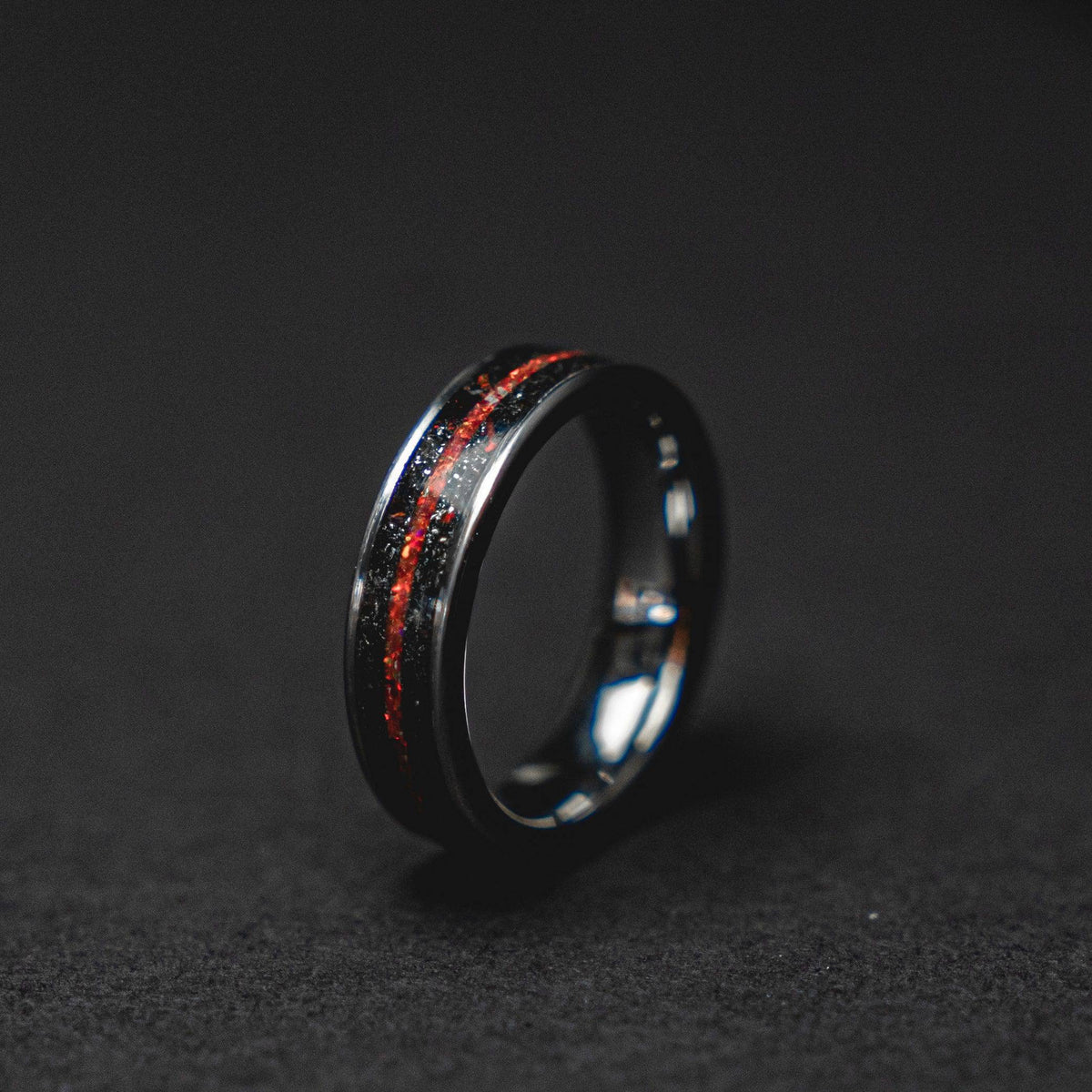 Red Opal & Meteorite Tungsten Mens Ring