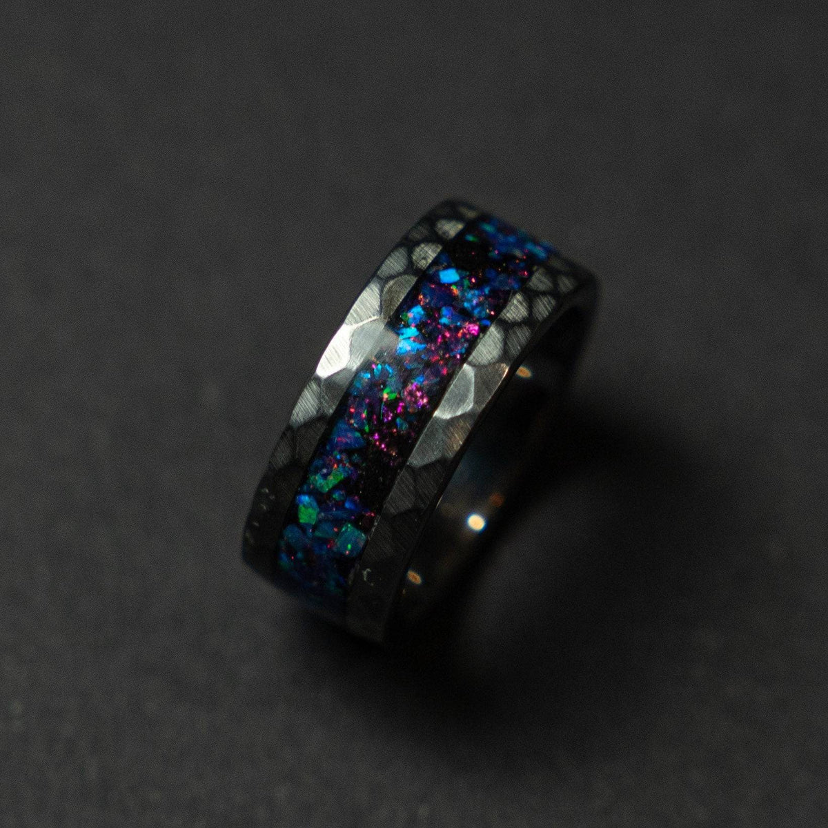 Sale Hammered tungsten ring with sleepy lavender opal inlay.