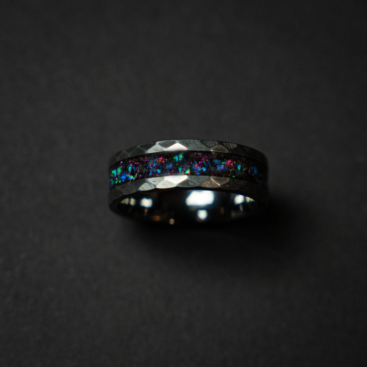 Sale Hammered tungsten ring with sleepy lavender opal inlay.