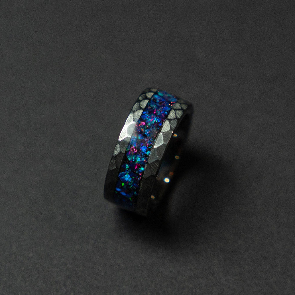 Sale Hammered tungsten ring with sleepy lavender opal inlay.