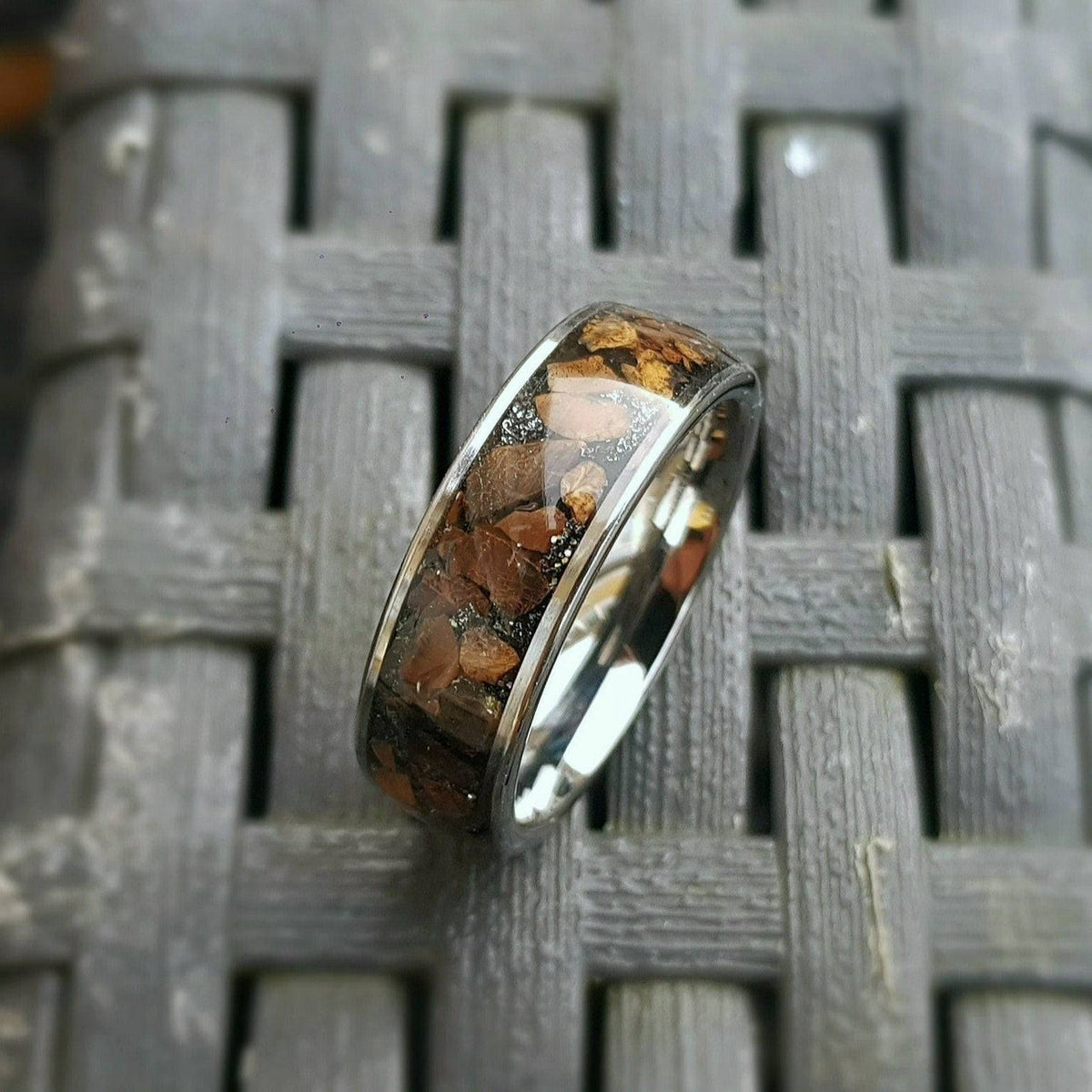 Silver tungsten ring with Trex fossil