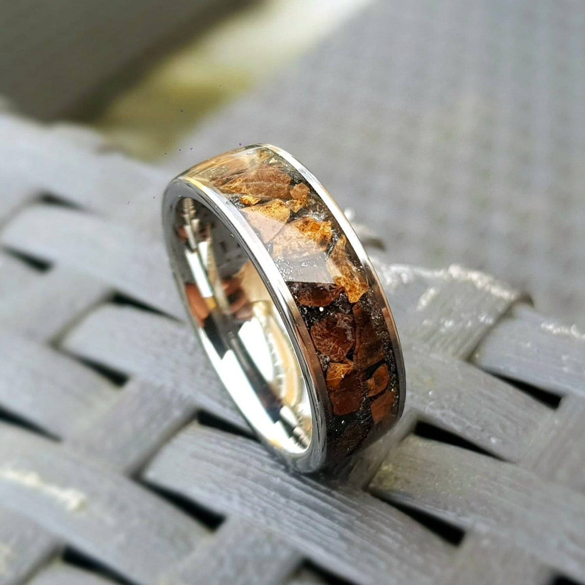 Silver tungsten ring with Trex fossil