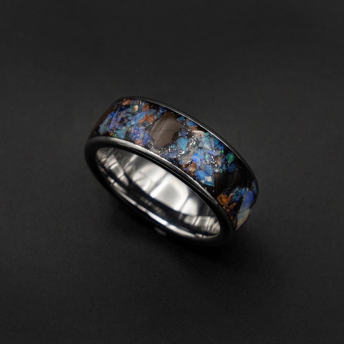 T Rex Fossil Genuine Australian Opal Tungsten Ring